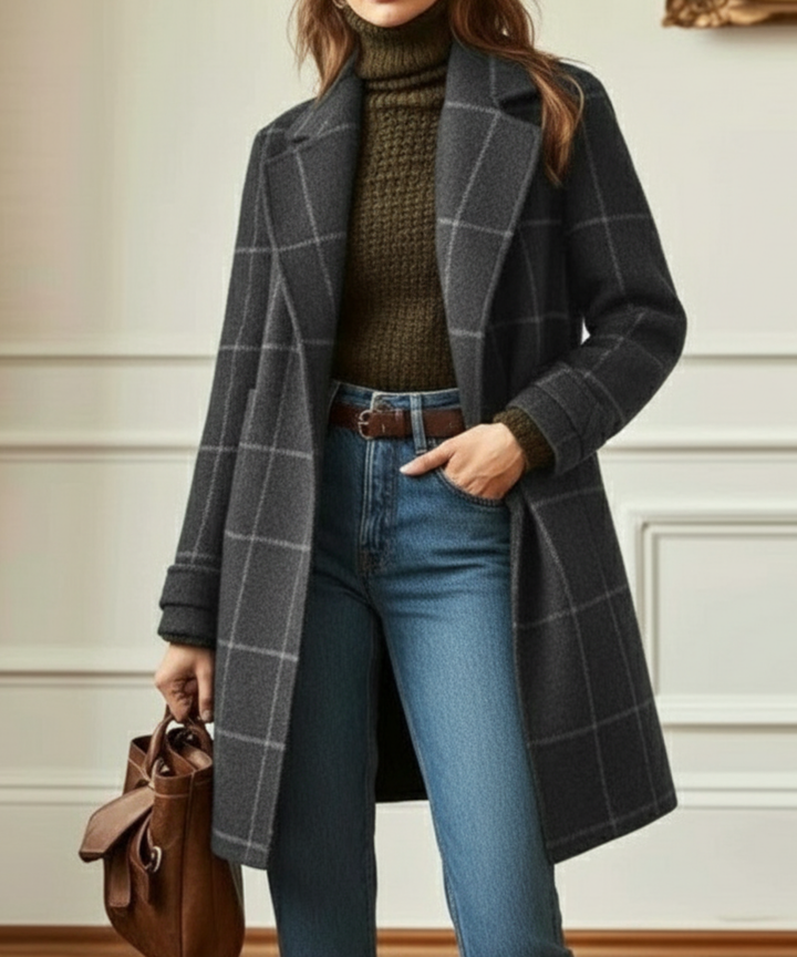 Women's Elegant Checkered Winter Coat | Longline