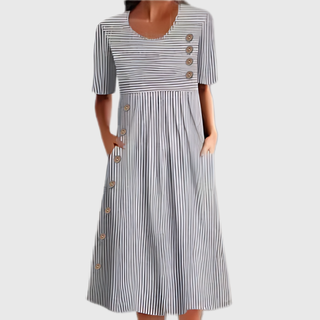 Women's Casual Button Detail Stripe A-Line Dress | Midi
