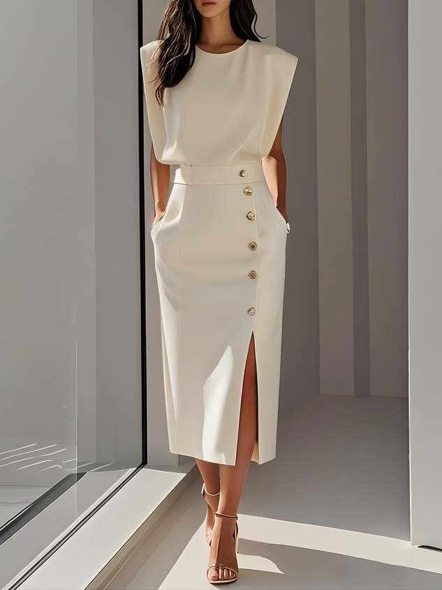 Women's Elegant Button-Front Detail Work Dress with Slit | Midi