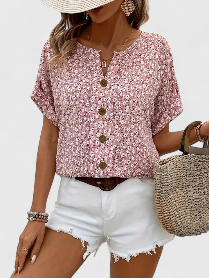 Women's Elegant Button Detail Floral Summer Blouse | Short Sleeve