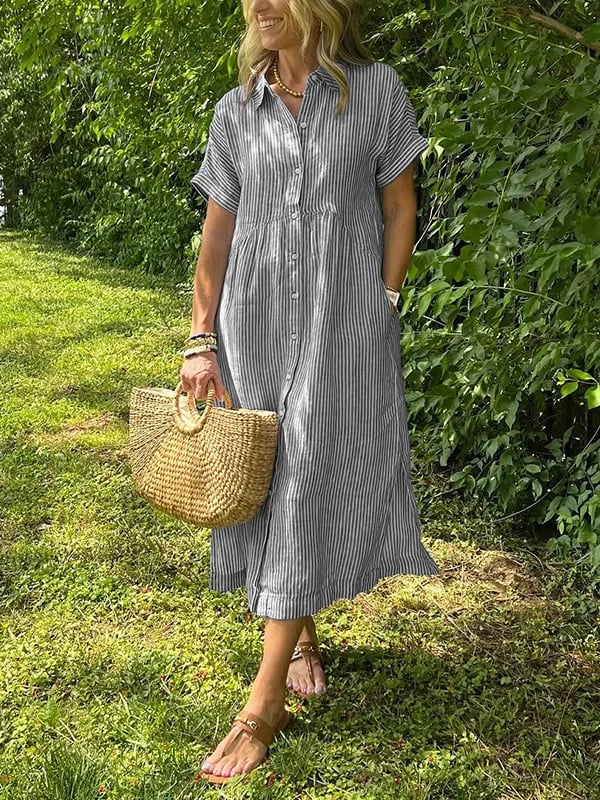 Women's Casual Summer Stripe Button-Up Shirt Dress | Midi