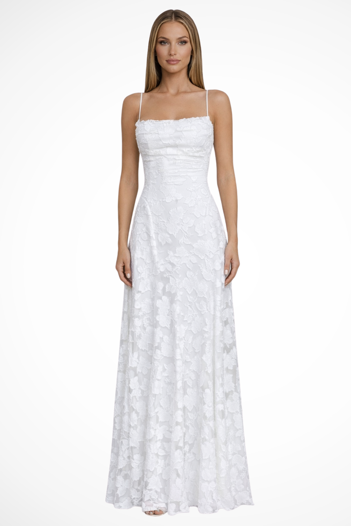 Women's Spaghetti Strap Straight Neckline Floral Formal Dress | Maxi
