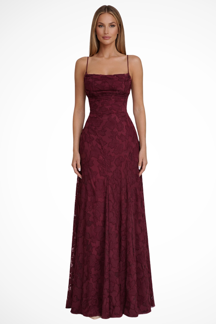 Women's Spaghetti Strap Straight Neckline Floral Formal Dress | Maxi