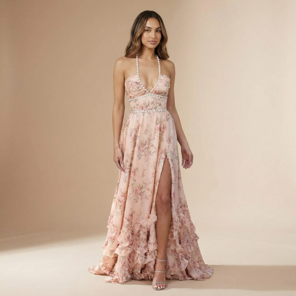 Women's Wedding Guest Floral Halter Dress With Slit | Maxi