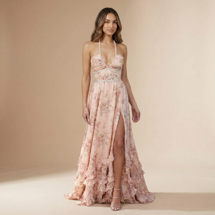 Women's Wedding Guest Floral Halter Dress With Slit | Maxi