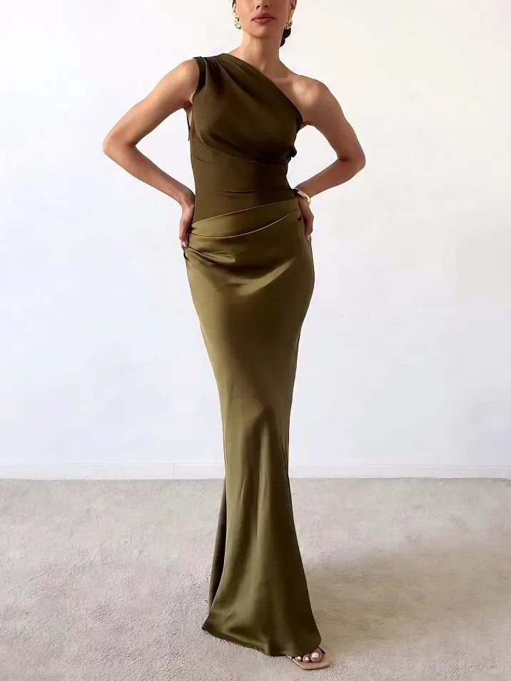 Women's Elegant One Shoulder Neck Pleated Party Dress | Maxi
