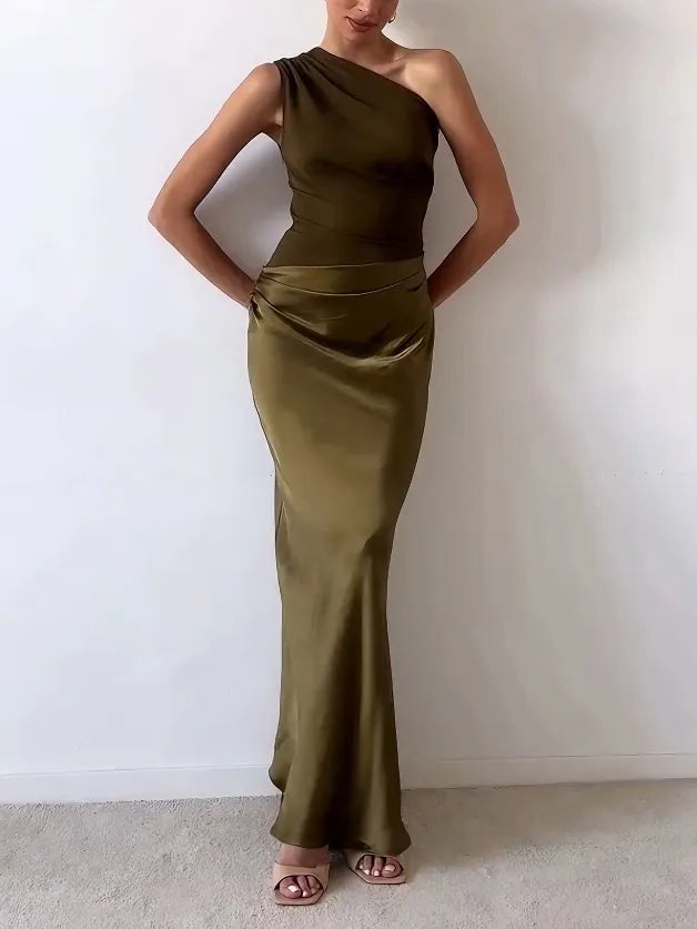 Women's Elegant One Shoulder Neck Pleated Party Dress | Maxi