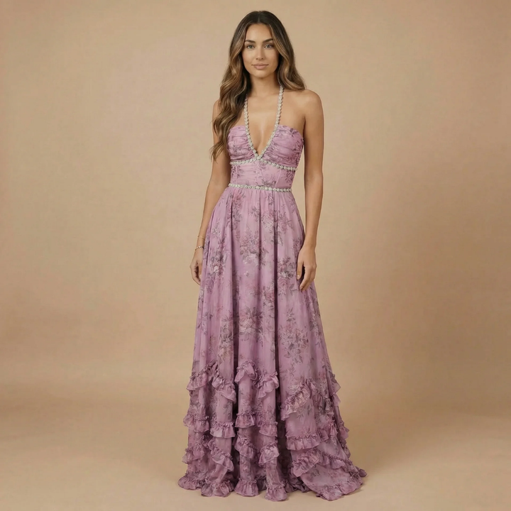 Women's Wedding Guest Floral Halter Dress With Slit | Maxi