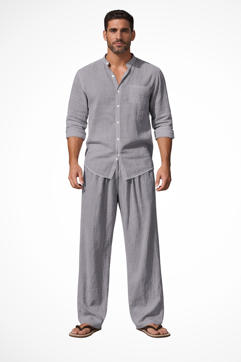 Men's Grandad Collar Long Sleeve Shirt and Straight Leg Trousers Set | Two Piece