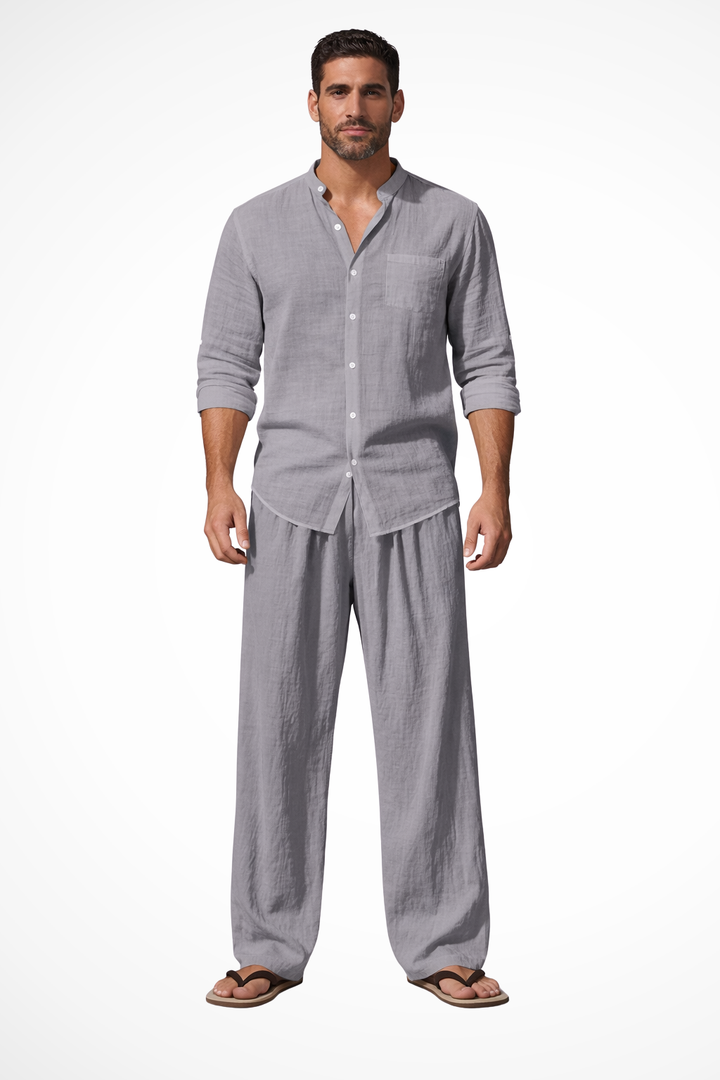 Men's Grandad Collar Long Sleeve Shirt and Straight Leg Trousers Set | Two Piece