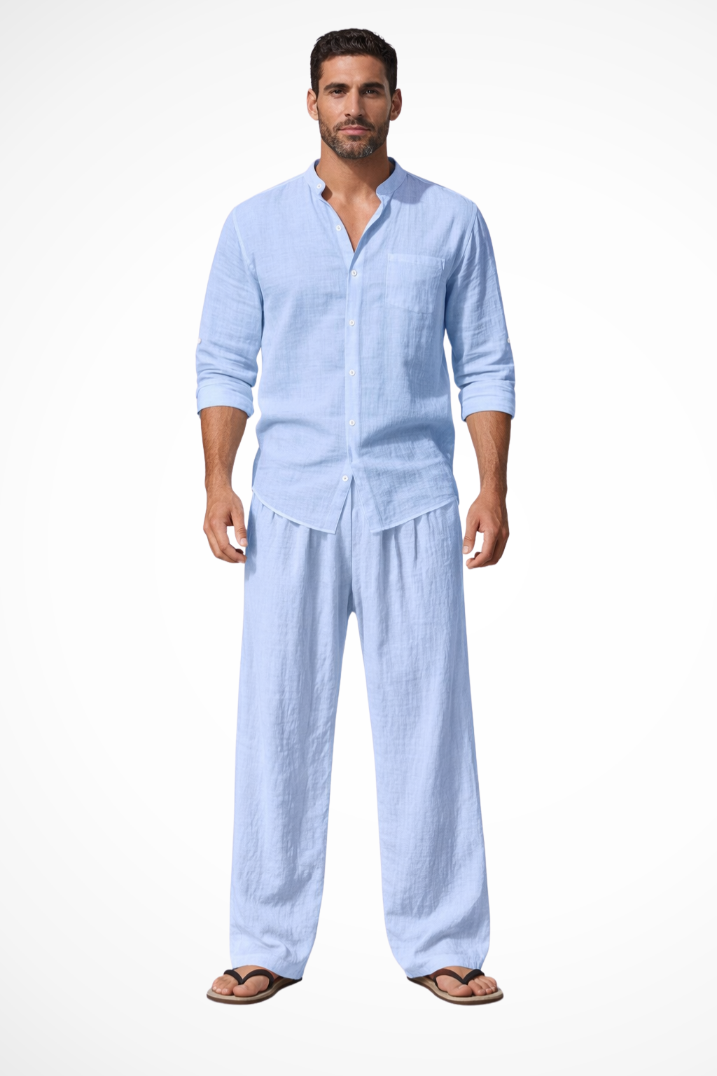 Men's Grandad Collar Long Sleeve Shirt and Straight Leg Trousers Set | Two Piece
