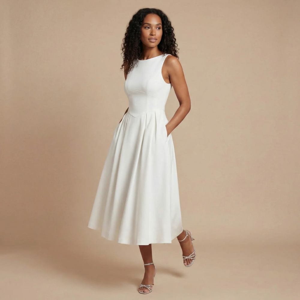 Women's Wedding Guest Sleeveless Boat Neck Dress | Midi