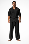Men's Grandad Collar Long Sleeve Shirt and Straight Leg Trousers Set | Two Piece