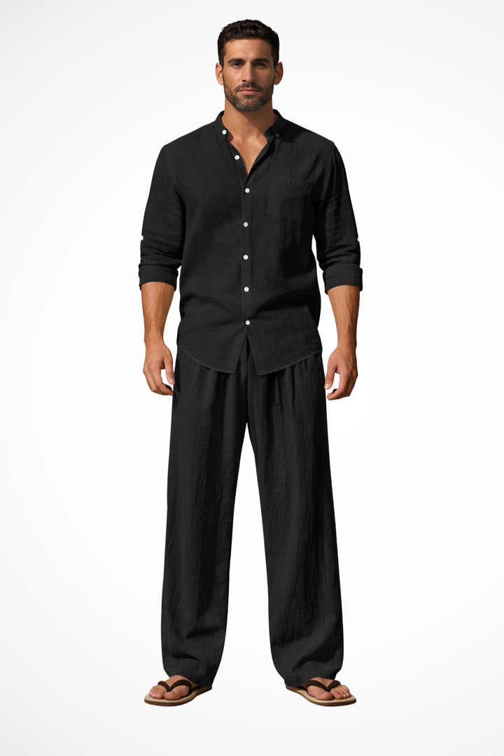 Men's Grandad Collar Long Sleeve Shirt and Straight Leg Trousers Set | Two Piece