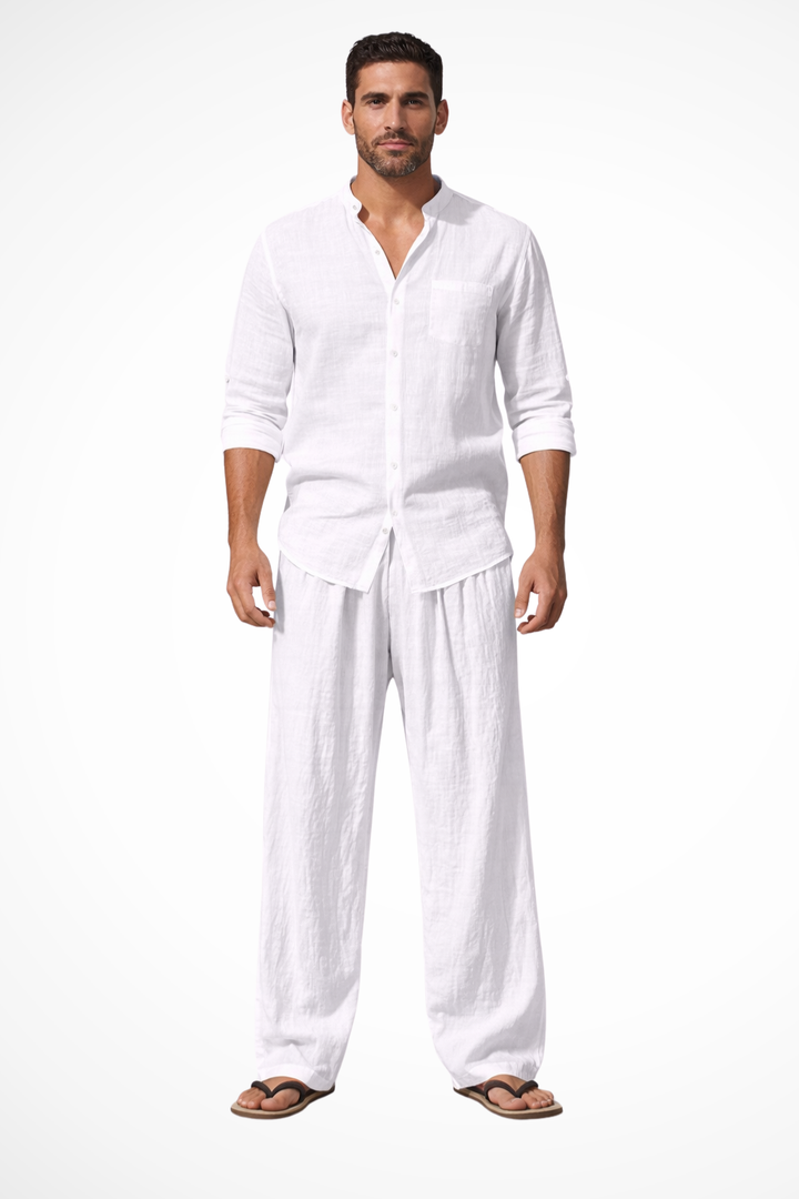 Men's Grandad Collar Long Sleeve Shirt and Straight Leg Trousers Set | Two Piece