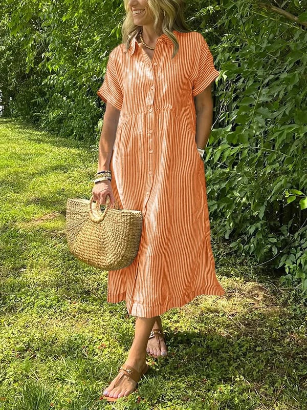Women's Casual Summer Stripe Button-Up Shirt Dress | Midi