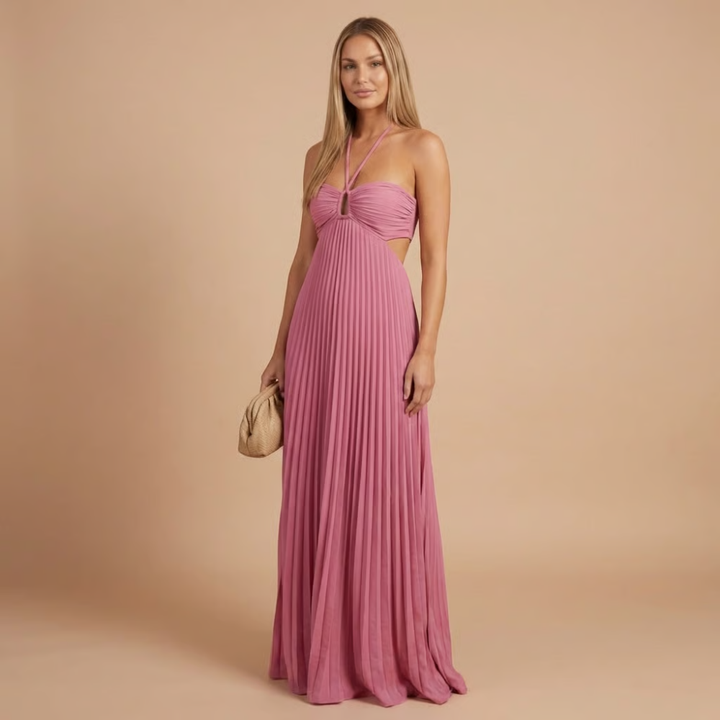 Women's Summer Wedding Guest Pleated Halter Dress | Maxi