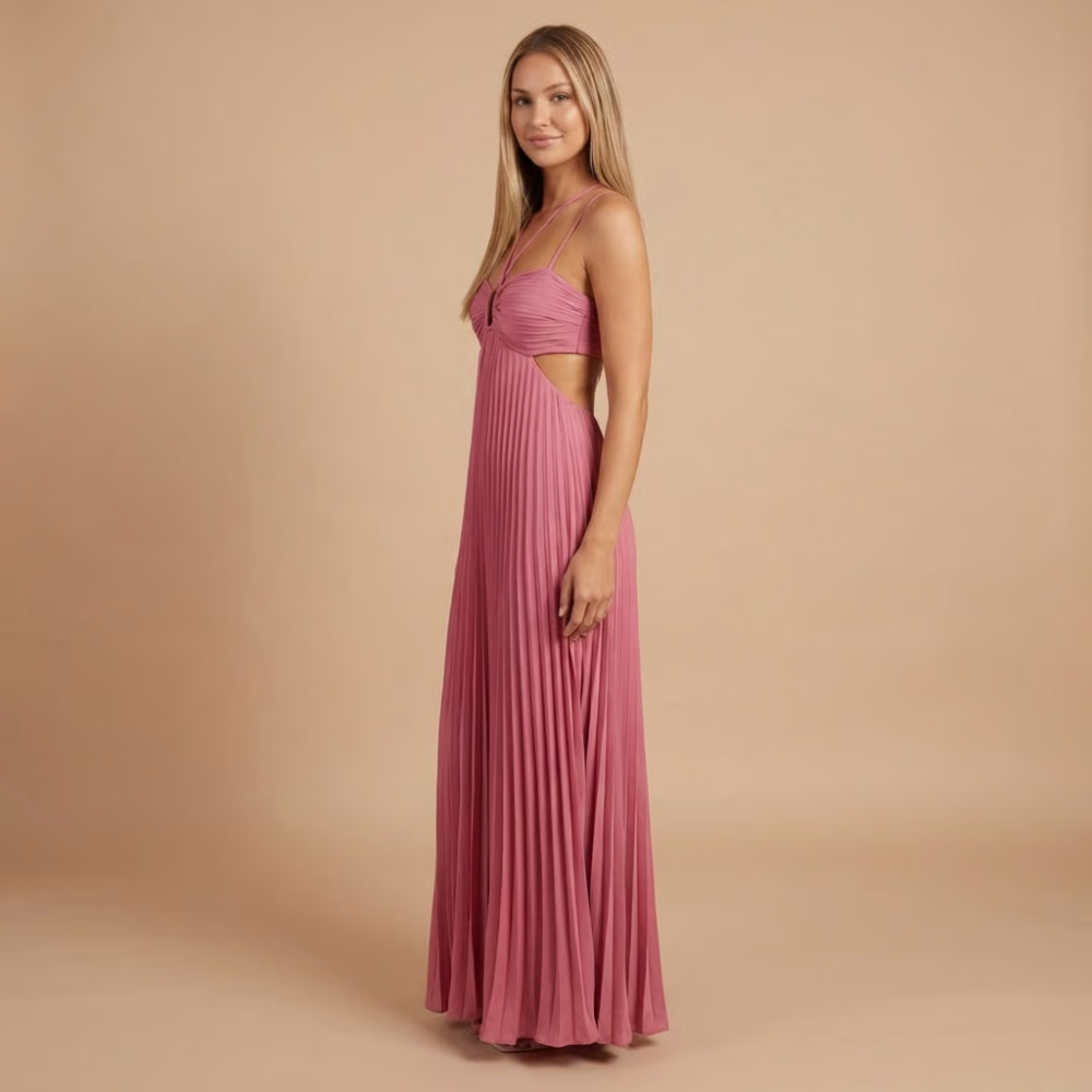 Women's Summer Wedding Guest Pleated Halter Dress | Maxi