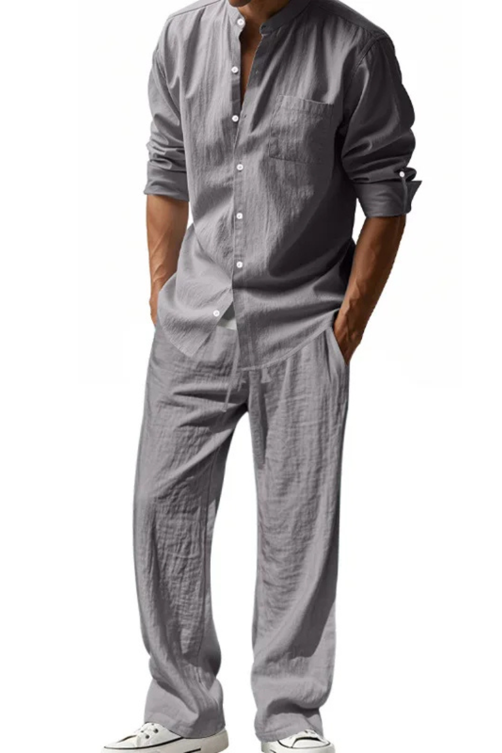Men's Grandad Collar Long Sleeve Shirt and Straight Leg Trousers Set | Two Piece