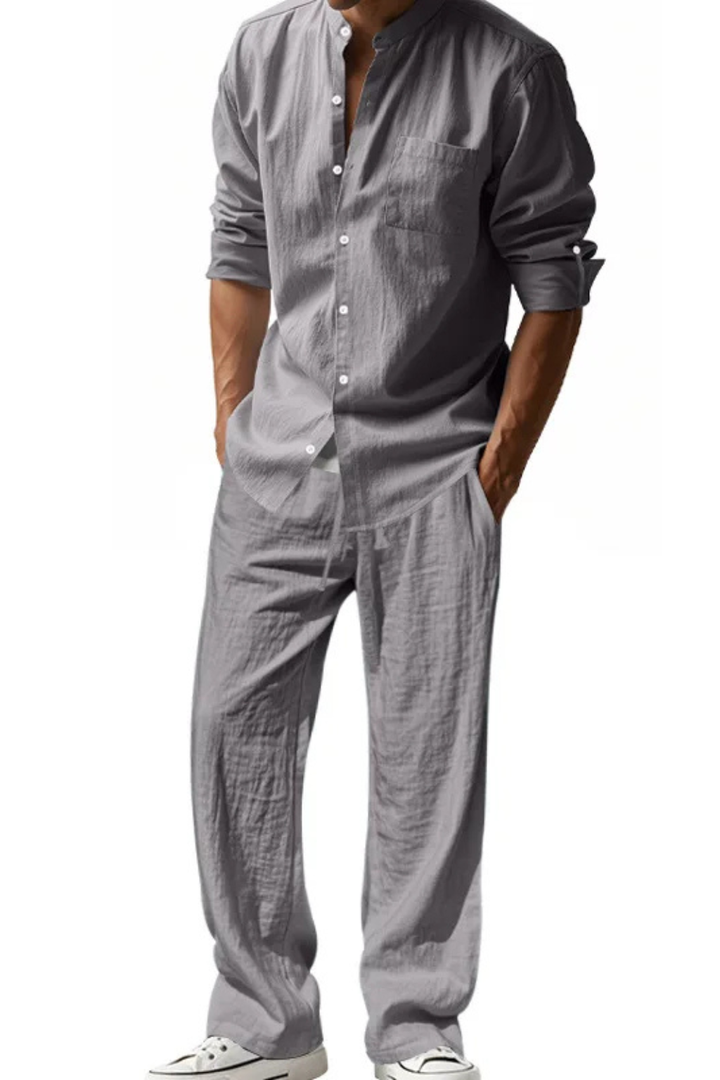 Men's Grandad Collar Long Sleeve Shirt and Straight Leg Trousers Set | Two Piece