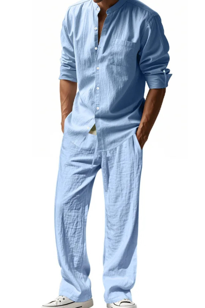 Men's Grandad Collar Long Sleeve Shirt and Straight Leg Trousers Set | Two Piece