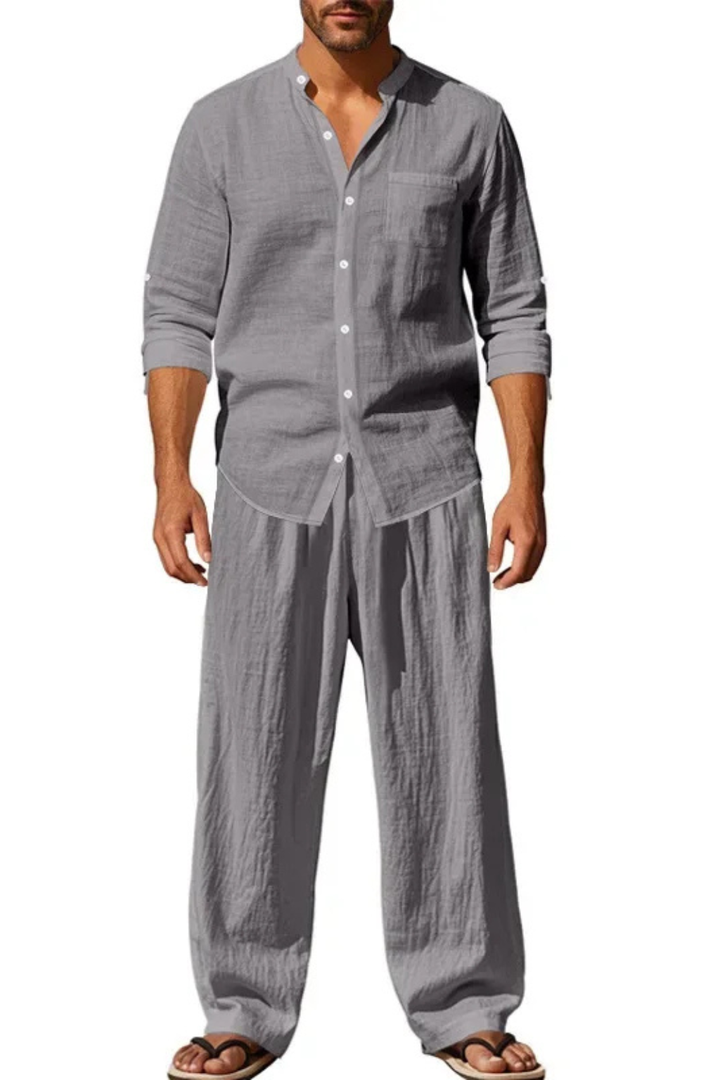 Men's Grandad Collar Long Sleeve Shirt and Straight Leg Trousers Set | Two Piece