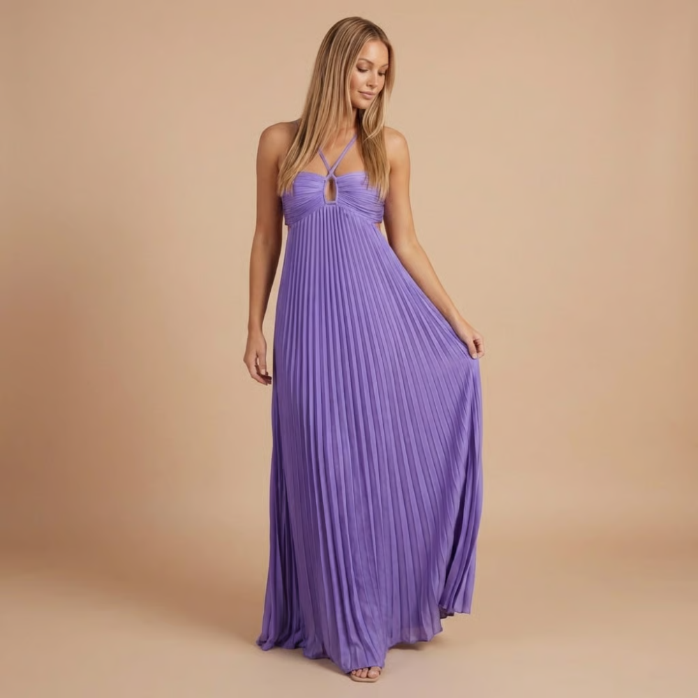 Women's Summer Wedding Guest Pleated Halter Dress | Maxi