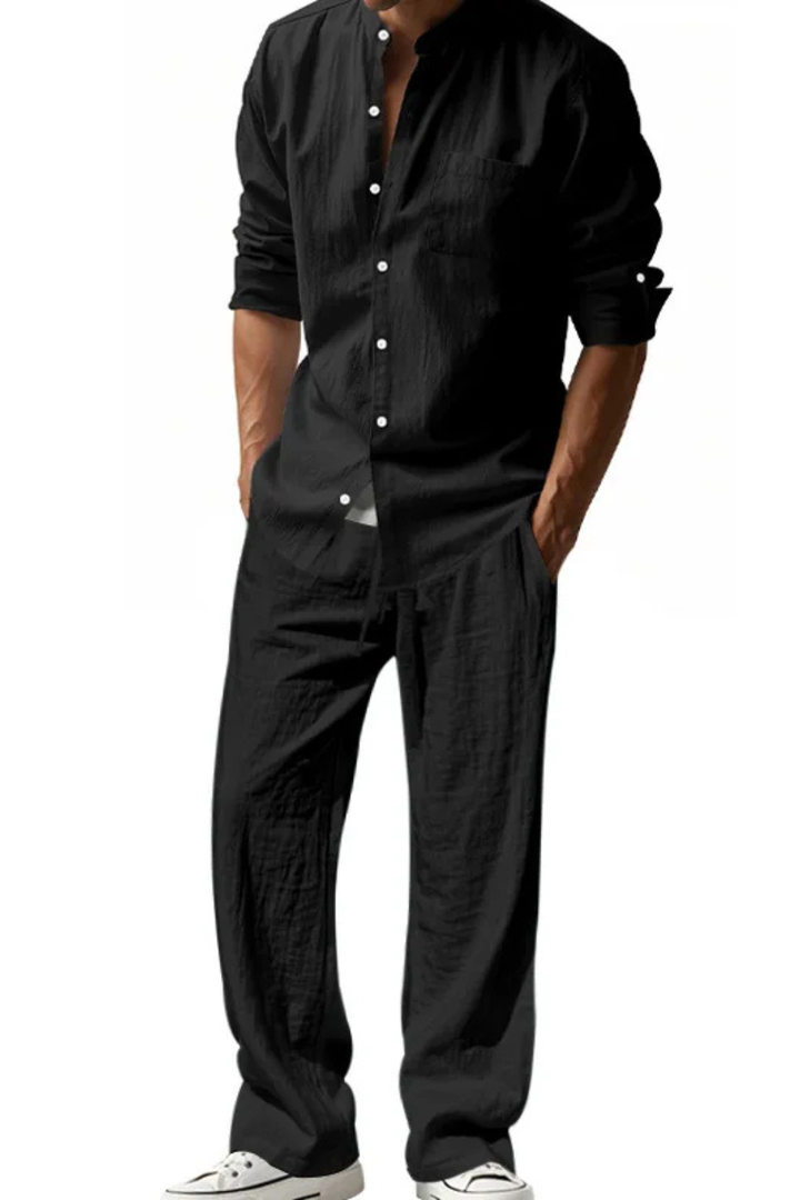 Men's Grandad Collar Long Sleeve Shirt and Straight Leg Trousers Set | Two Piece