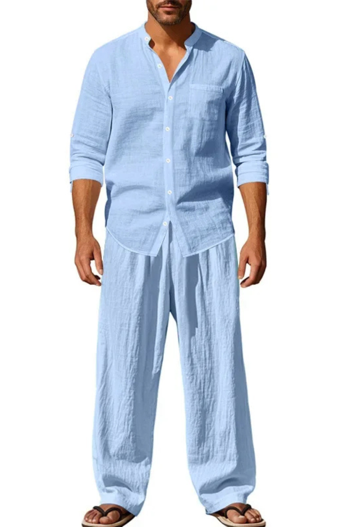 Men's Grandad Collar Long Sleeve Shirt and Straight Leg Trousers Set | Two Piece