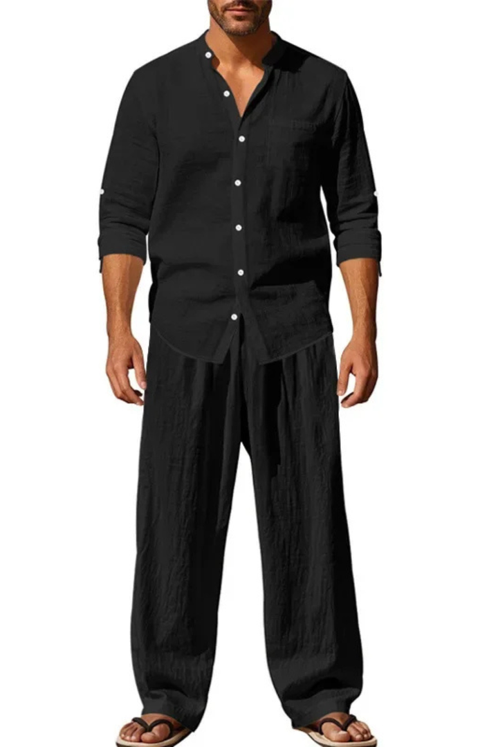 Men's Grandad Collar Long Sleeve Shirt and Straight Leg Trousers Set | Two Piece