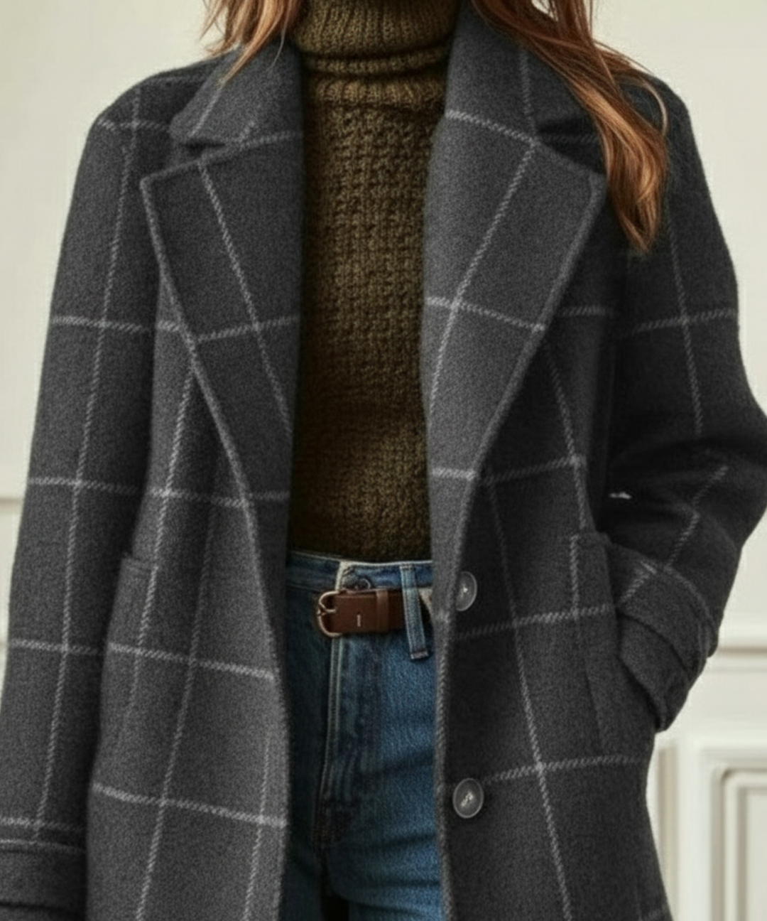 Women's Elegant Checkered Winter Coat | Longline