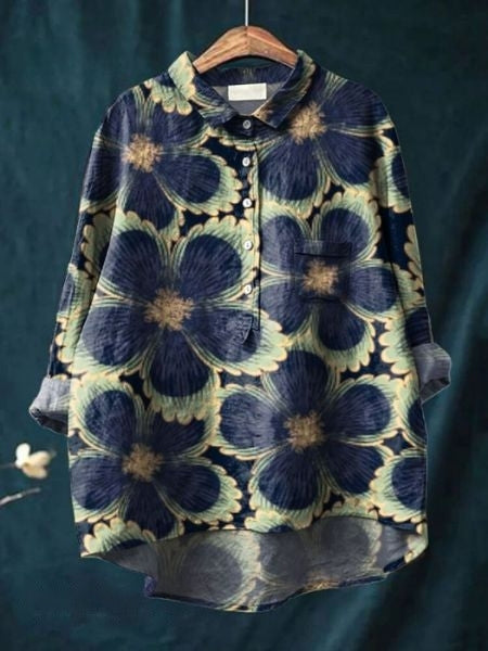 Women's Vintage Floral Button Fron Neck Collared Blouse | Long Sleeves