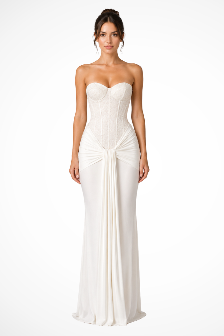 Women's Evening Corset Strapless Draped Wedding Guest Dress | Maxi