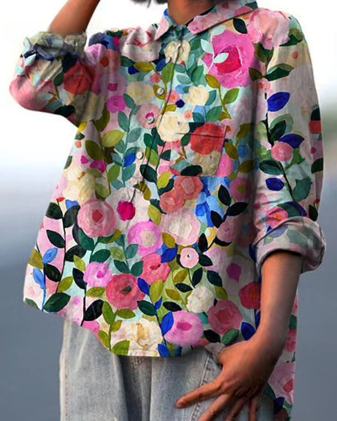 Women's Vintage Floral Button Fron Neck Collared Blouse | Long Sleeves