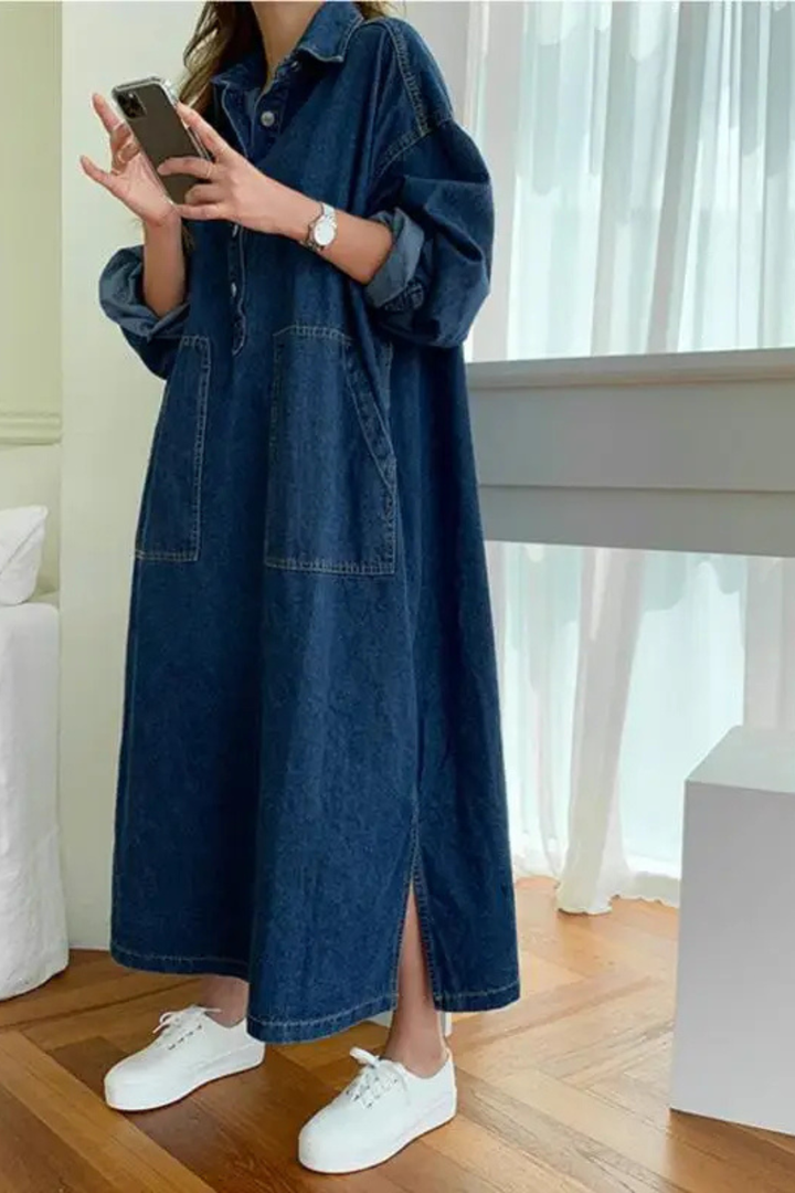 Women's Oversized Long Sleeve Collared Shirt Dress with Pockets | Maxi