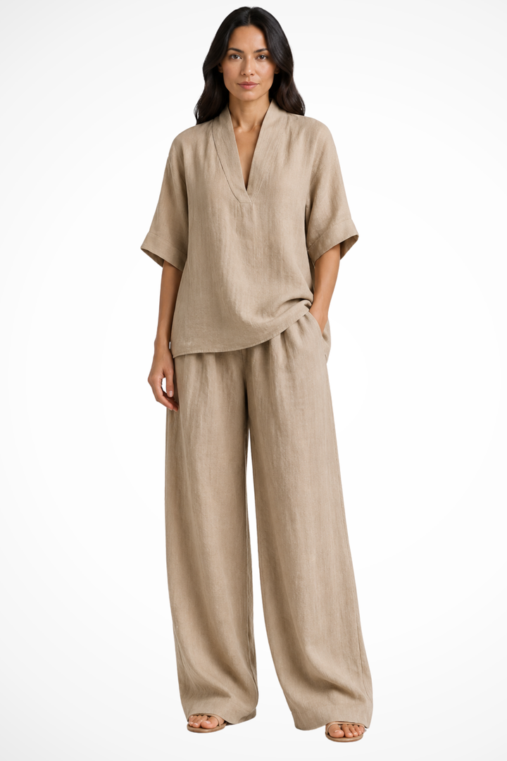 Women's Loose V Neck Top and Wide Leg Trousers Co-Ord Set | Two Piece