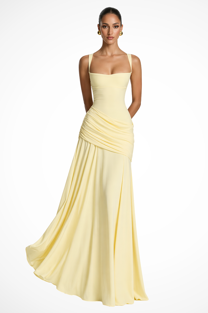 Women's Formal Square Neck Ruched Wedding Guest Dress| Maxi