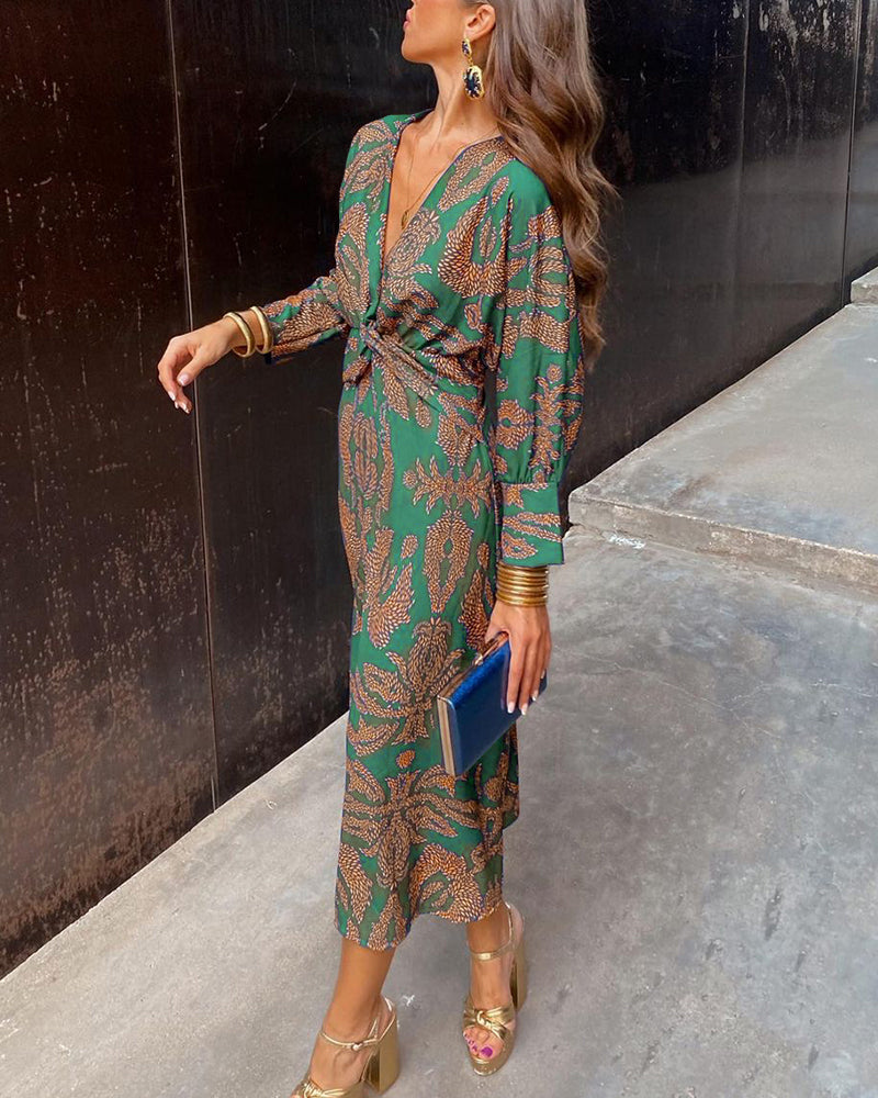 Women's Elegant Patterned Wedding Guest A-Line V-Neck Dress | Maxi