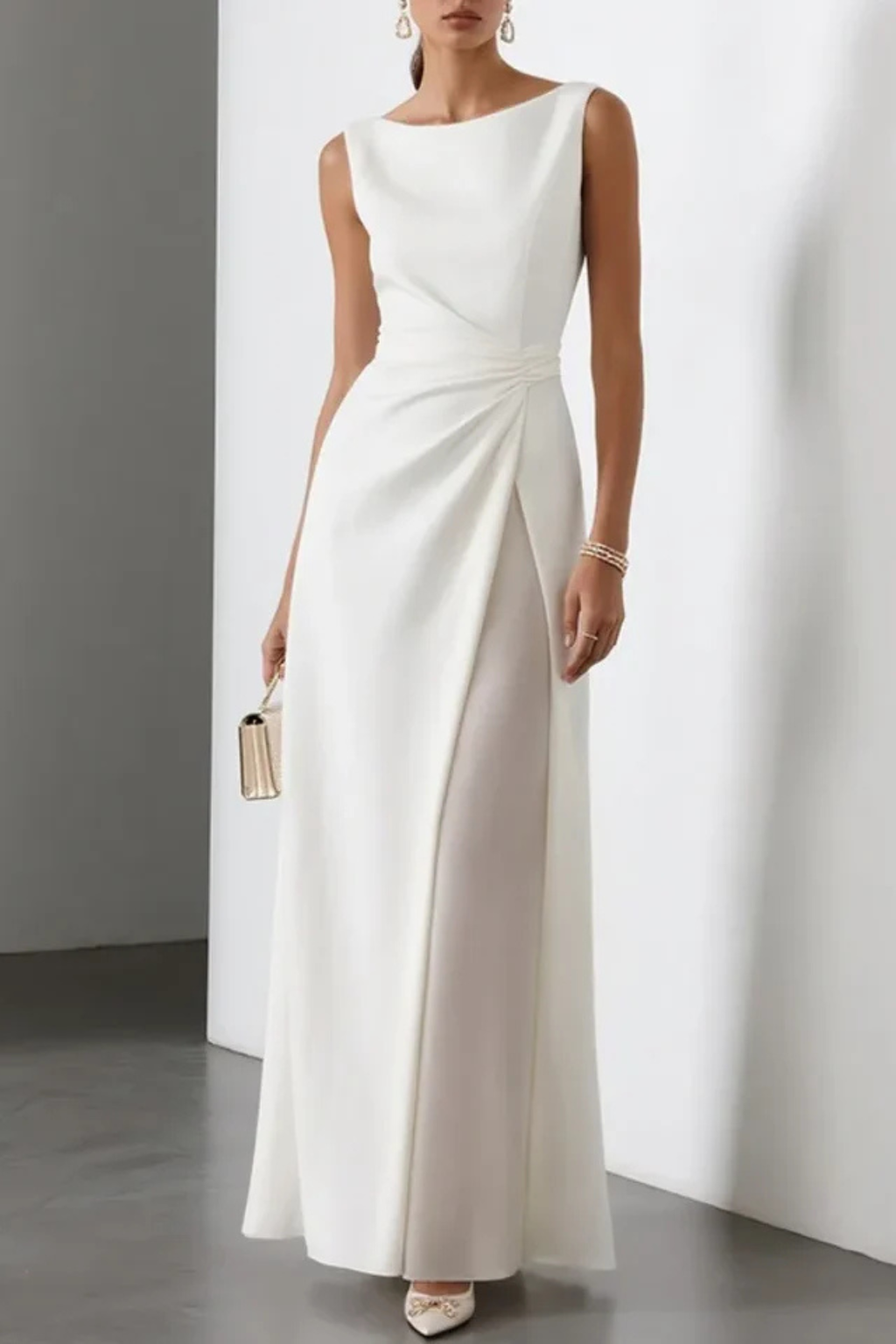 Women's Sleeveless Draped Waist Wedding Guest Dress | Maxi