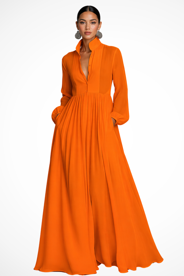 Women's Long Sleeve Button Front Garden Party Dress with Pockets | Maxi
