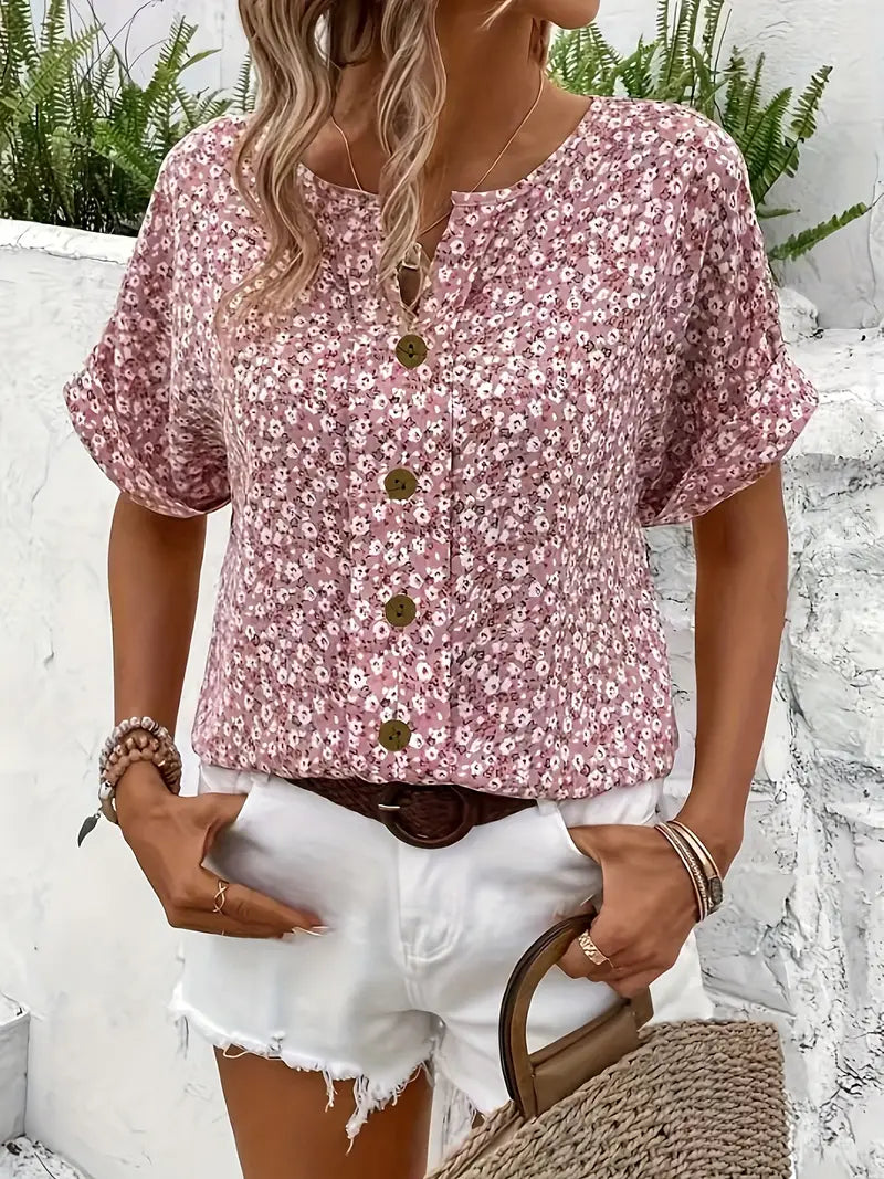 Women's Elegant Summer Floral Print Blouse | Short Sleeves