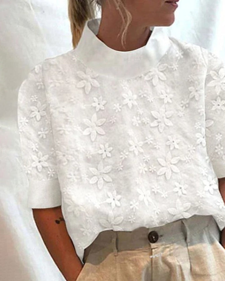 Women's Elegant Floral Mock Neck White Blouse | Short Sleeves
