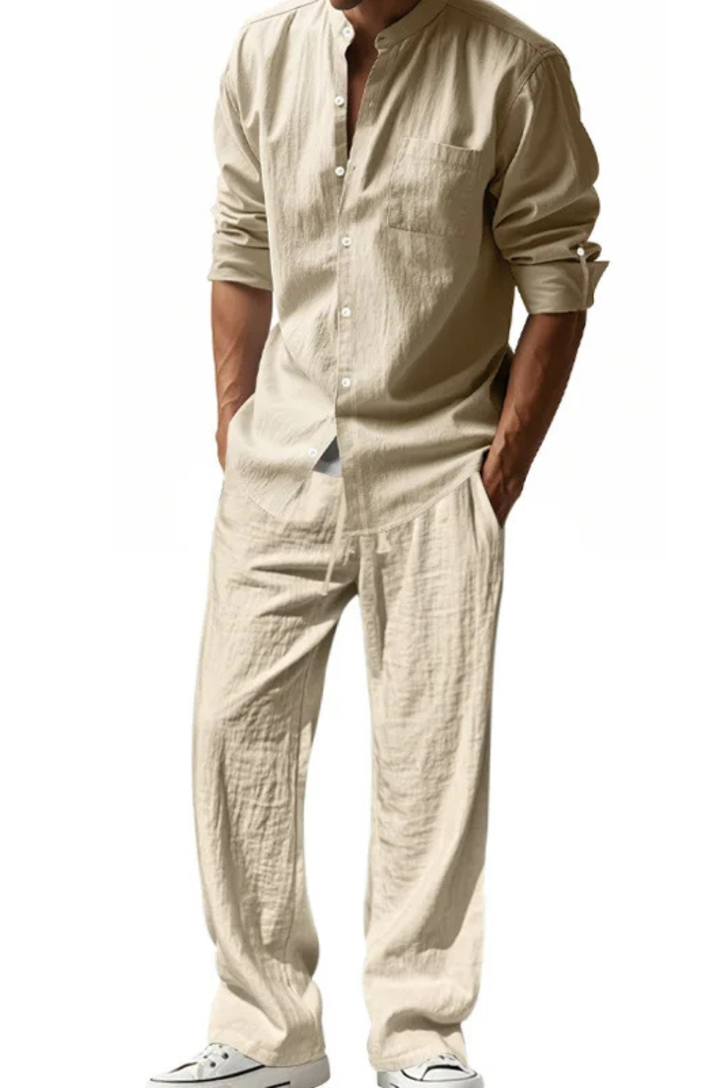 Men's Grandad Collar Long Sleeve Shirt and Straight Leg Trousers Set | Two Piece