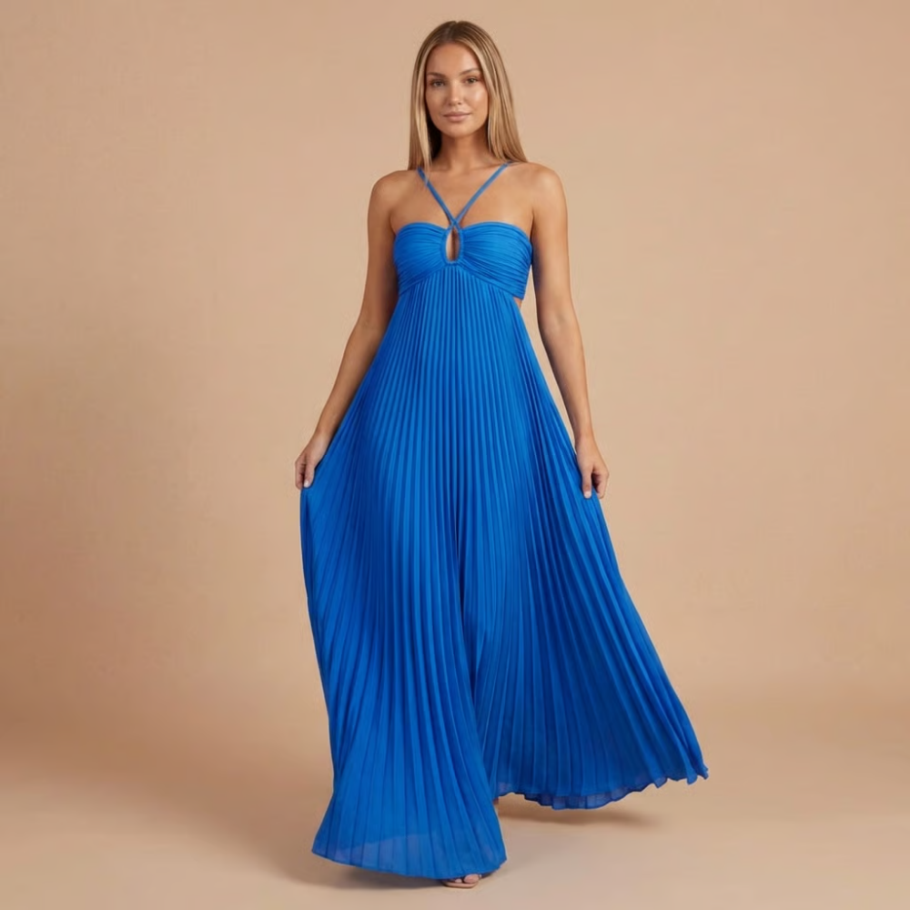 Women's Summer Wedding Guest Pleated Halter Dress | Maxi