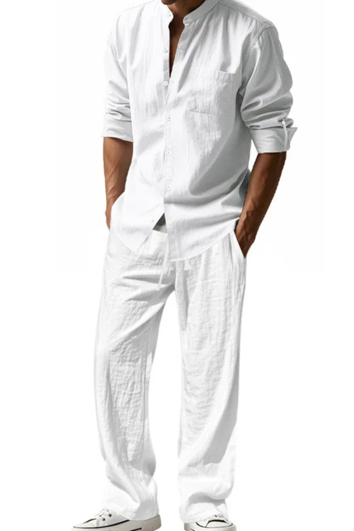 Men's Grandad Collar Long Sleeve Shirt and Straight Leg Trousers Set | Two Piece