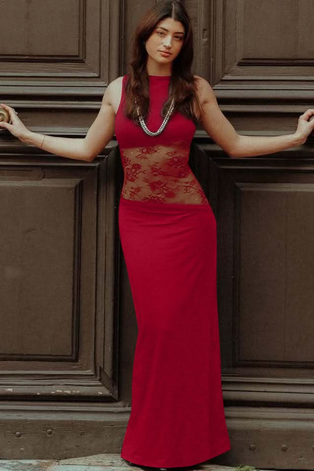 Women's Elegant Sleeveless Lace Cutout Dress | Maxi