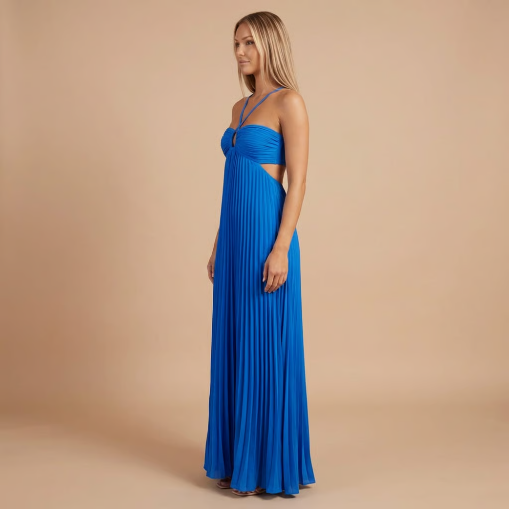 Women's Summer Wedding Guest Pleated Halter Dress | Maxi