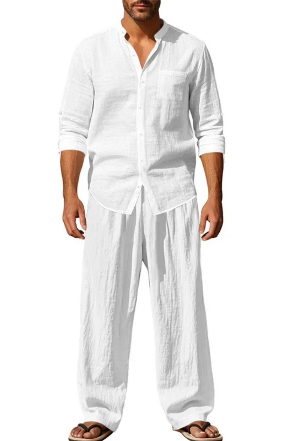 Men's Grandad Collar Long Sleeve Shirt and Straight Leg Trousers Set | Two Piece