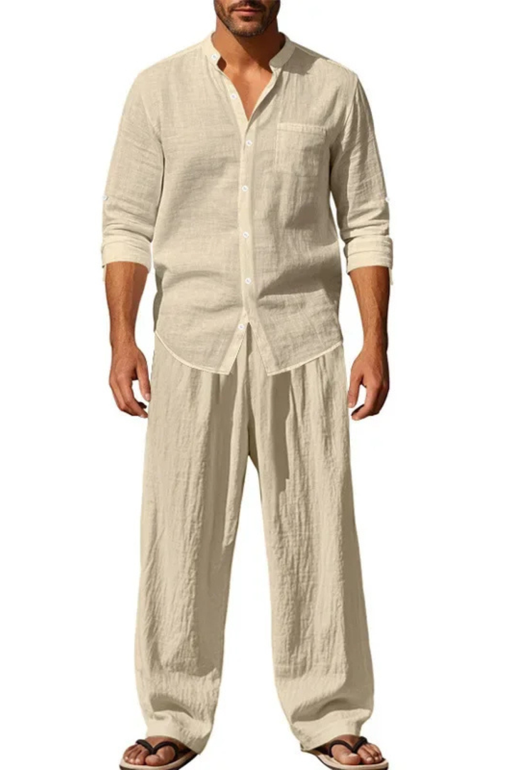 Men's Grandad Collar Long Sleeve Shirt and Straight Leg Trousers Set | Two Piece