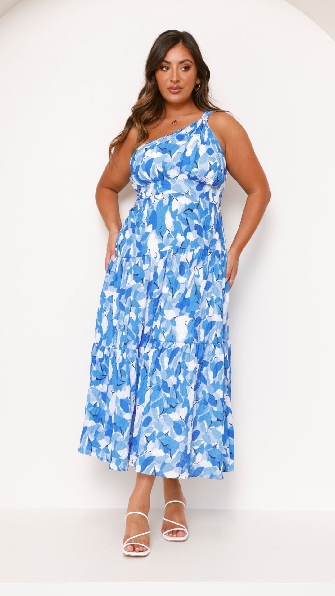 Women's Summer Blue Floral One Shoulder Dress | Maxi